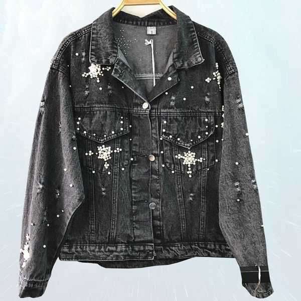 

heavy work beaded worn casual jacket 2019 spring autumn denim jacket women pearl frayed loose plus size female jean outwear s1731, Black;brown