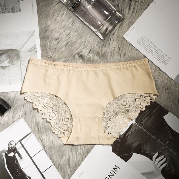 

ice silk fun traceless womens underwear low waist lace edge cotton crotch briefs, Black;pink