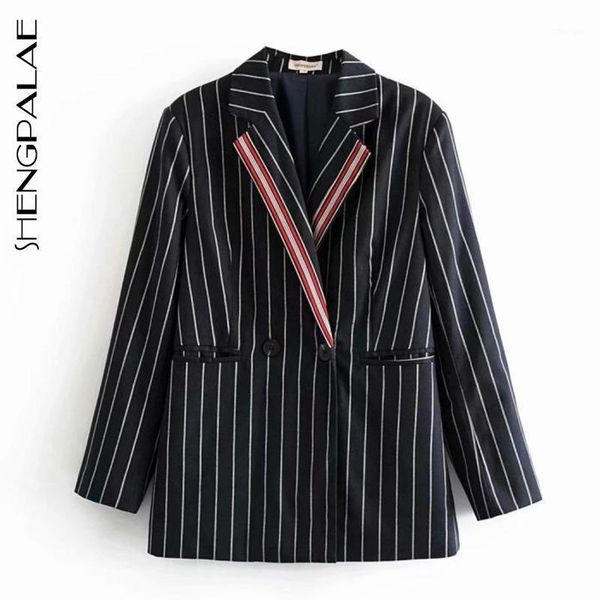 

shengpalae retro stripe blzaer women's 2021 spring lapel contrast color double breasted long sleeve female suit coat trend 5a8331, White;black