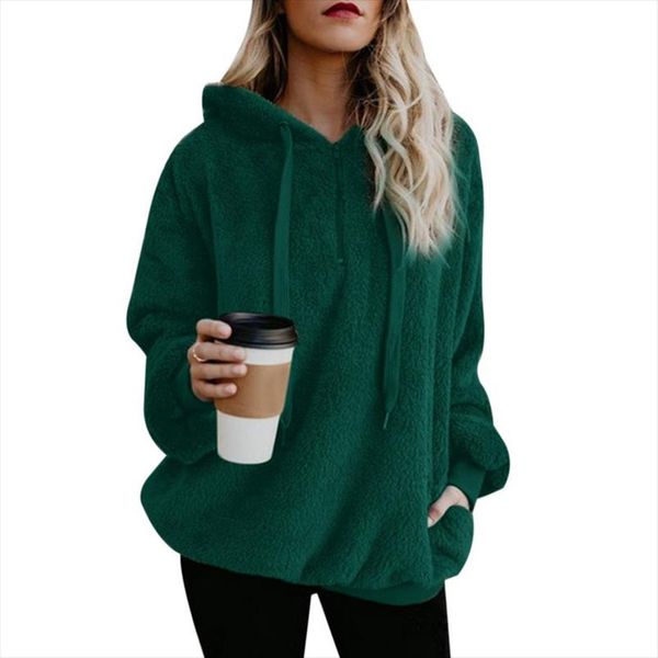 

women fleece hoodies 2020 long sleeve hooded pullover sweatshirt autumn winter warm zipper pocket fur coat plus size, Black