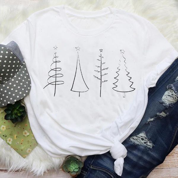 

women simple tree new year holiday short sleeve merry christmas graphic tees clothes print lady female t shirt t shirt, White