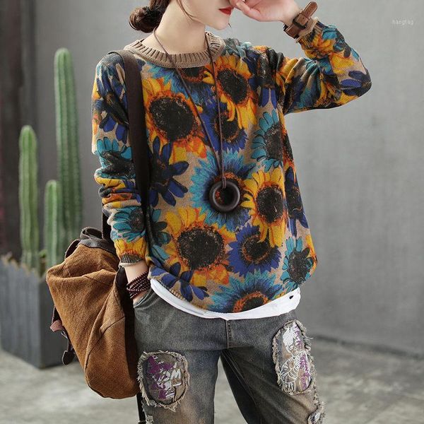 

knitwear autumn winter knitted shirt long sleeve loose vintage sunflower print pullover casual o-neck femme sweater f14041, White;black