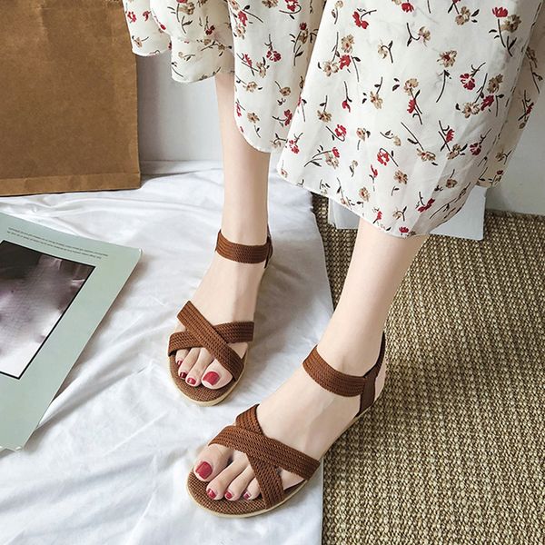 

2021summer shoes woman sandals elastic ankle strap slip-on sandalias mujer gladiator wedges beach flat sandals, Black