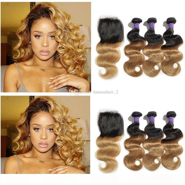 

ombre honey blonde human hair with lace closure body wave human hair weave with 4*4 closure brazilian virgin hair wefts, Black;brown