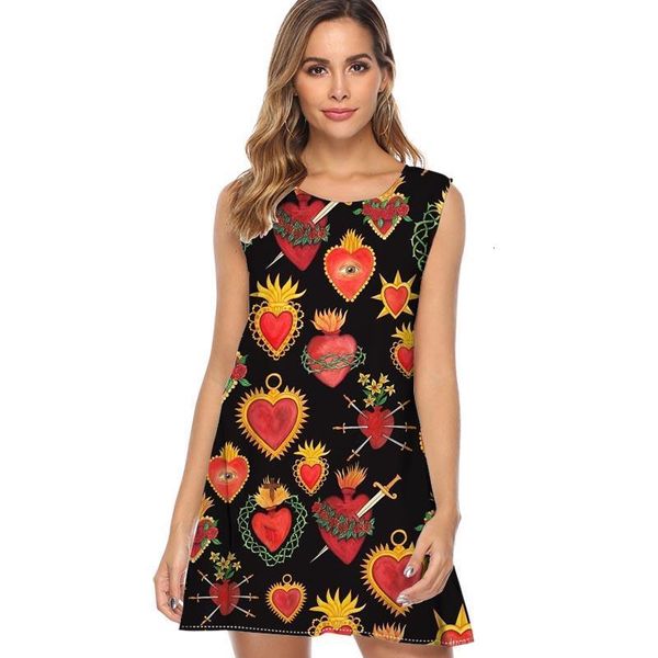

sacred heart 2021 new style summer dress sleeveless hearts print casual women dress mini fashion casual women short beach dress, Black;gray