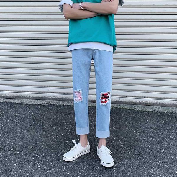 

men's jeans mens summer ripped for men casual black blue skinny slim fit denim pants biker hip hop with holel pants1