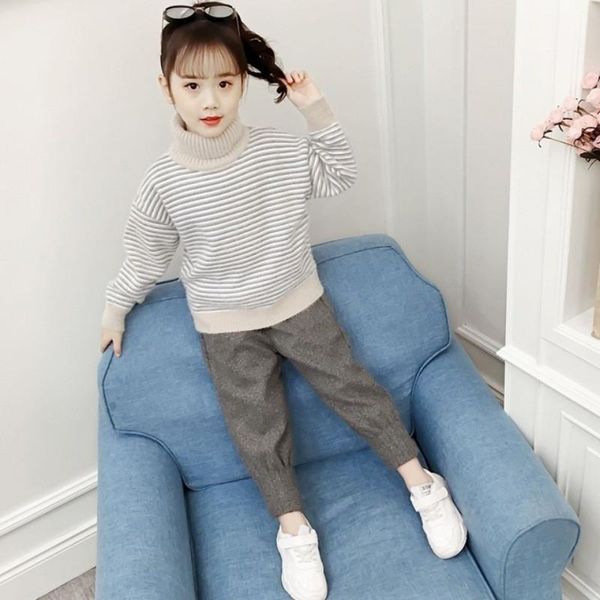 

pullover 2021 spring winter girl casual sweater children's knitted kids turtleneck warm thicken stripe lining mink down high quality, Blue