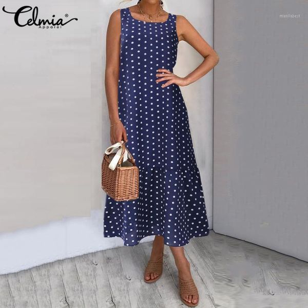 

celmia women polka dot print bohemian sundress 2020 summer sleeveless long dress ruffles holiday party casual loose maxi vestido1, Black;gray