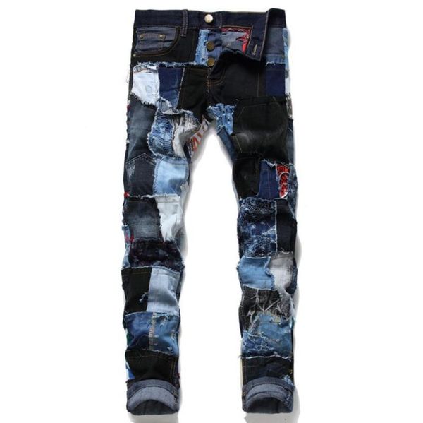 

men streetwear jeans 2021 splicing motorcycle denim pants biker male straight casual designer ripped denim trousers w1632, Blue