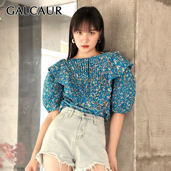 

galcaur print patchwork ruffle shirt for women o neck lantern sleeve side split blouse female vintage summer fashion new y200622, White