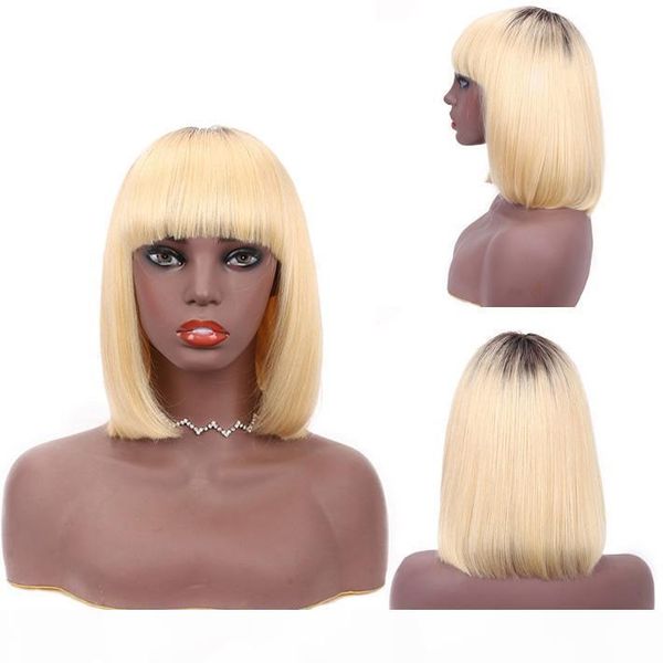 

pixie cut blonde ombre bob wig raw indian remy straight human hair wigs with bangs colored 613 front non lace glueless wig for black women, Black;brown