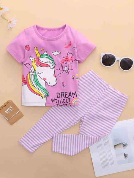 Baby-Mädchen-T-Shirt mit Einhorn-Print und gestreiften Leggings SIE