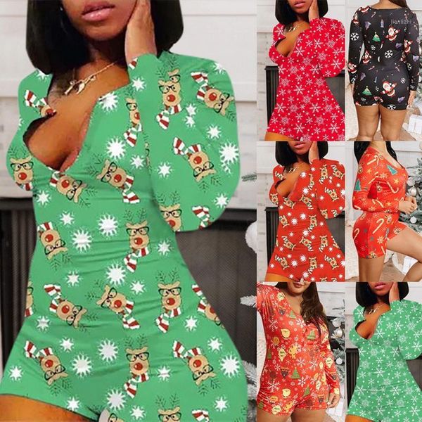 

women christmas pajamas long sleeve sleepwear short jumpsuit print adults summer nightwear elastic waist shorts homewear1, Black