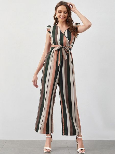 

vertical striped ruffle trim wide leg belted jumpsuit u7bg#, White