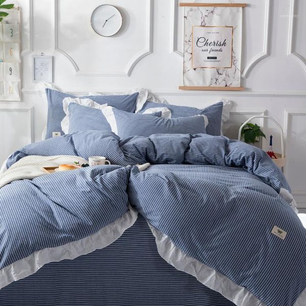 

garment wash cotton bedding sets singe king  size duvet cover set 3/4pcs stripe bed linen blue red fitted sheet ruffle1