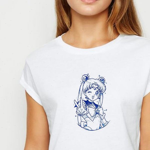 

plus size pretty soldier sailor moon tshirt ladies girls summer t shirt harajuku simple aesthetics graphic o collar t shirt, White