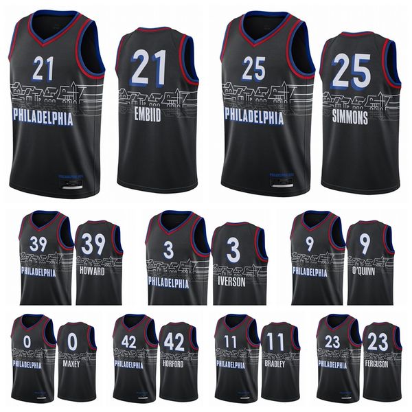 

philadelphia 76ers men joel embiid ben simmons allen iverson dwight howard 2020/21 swingman city basketball jersey icon edition, Black;red