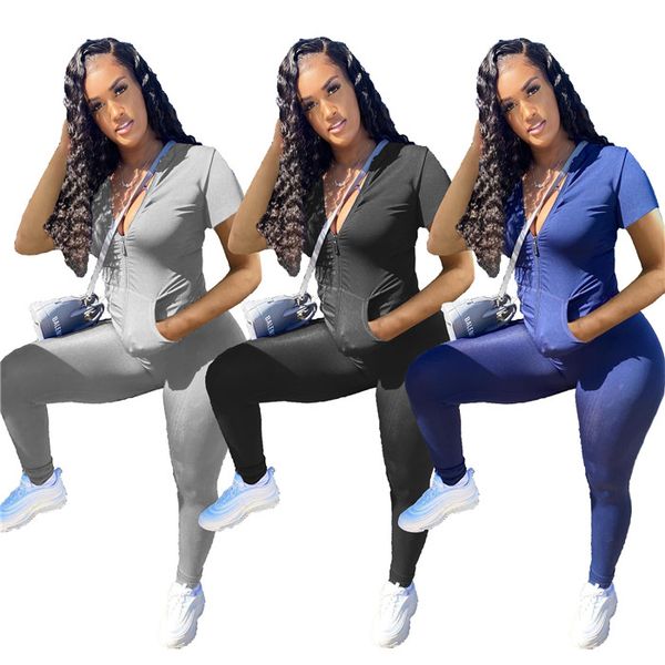 

summer womens two piece tracksuits solid color short sleeve and slim trousers casual fashion women suits clothing 2021, Gray