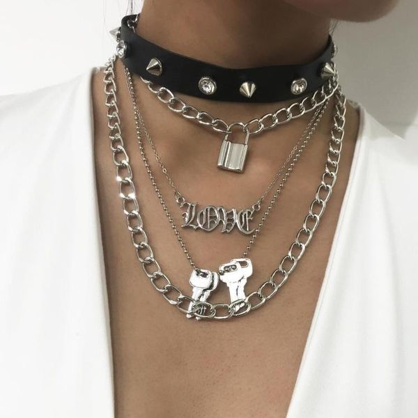 

punk multi-layers padlock love key pendant necklace for women girls gothic spike rivets leather choker necklace hiphop jewelry, Silver