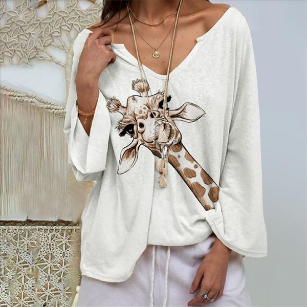 

giraffe printed ladies tshirts plus size women cute animal long sleeve v neck t shirt casual oversized tee shirt femme camisetas, White