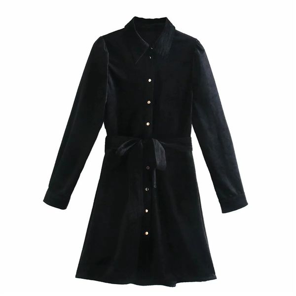 

2021 new black velvet mini women autumn fashion tied belt long sleeve dress ladies vintage french elegant dresses 057h, Black;gray