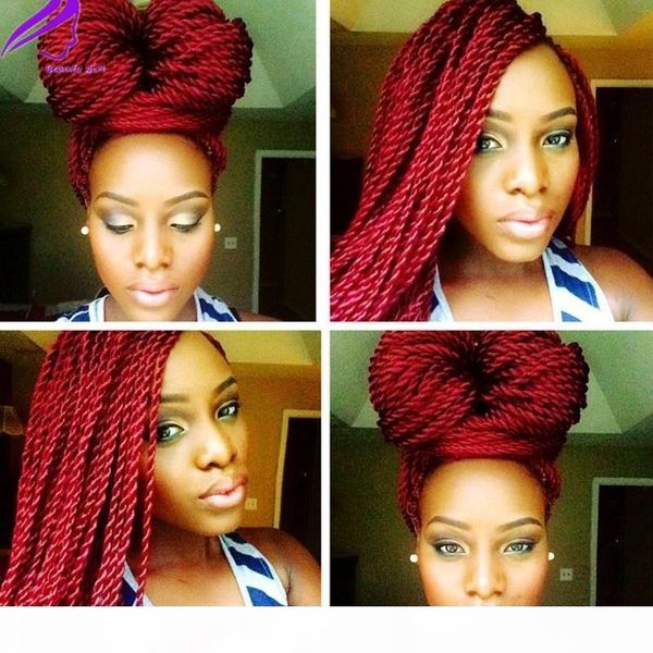 

2020 fashion style long burgundy red glueless braided synthetic lace front wigs twist braids for african black women daily wear, Black;brown