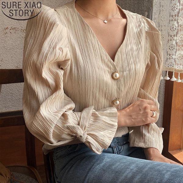 

2021 elegant casual bow vintage women blouses korean solid pearls chic v-neck loose all match women shirts 9970, White