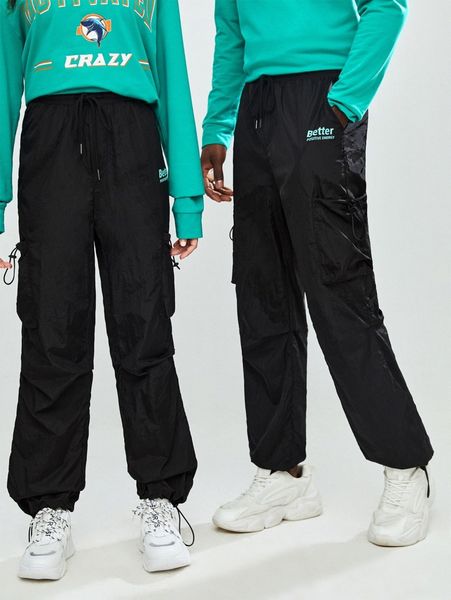 

1pc men letter graphic flap pocket pants z7ih#, Black