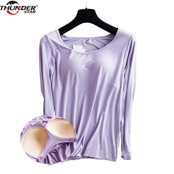 

bra padded basic t-shirt women modal long sleeve o neck solid tee shirt built in bra casual soft breathable tee hi-q 201125, White