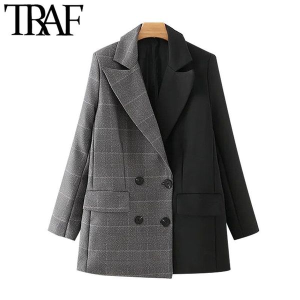 

traf женщины мода двухборчатая лоскутное blazer пальто урожай с длинным рукавом карманы женская верхняя одежда chic tops, White;black