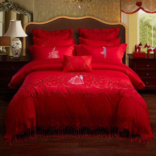 

bedding sets 100% cotton luxury embroidery satin lace bed sheet  king size 4pcs/6pcs/9pcs tassels duvet cover