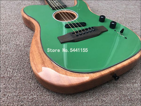 

custom shop acoustasonic tele gloss green electric guitar polyester satin urethane finish, spurce deep c mahogany neck, black hardware
