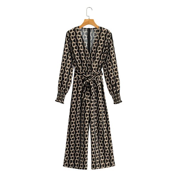 

2021 new women elegant v neck elastic cuffs long sleeve playsuits belt decorate high waist pockets chic rompers female jumpsu, Black;white