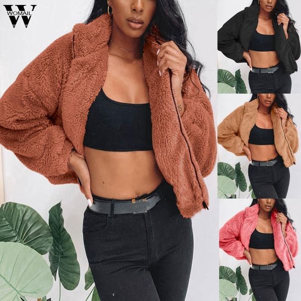 

womail coat elegant faux fur coat women 2020 autumn winter thick warm soft fleece jacket pocket zipper overcoat bear s171, Black;brown