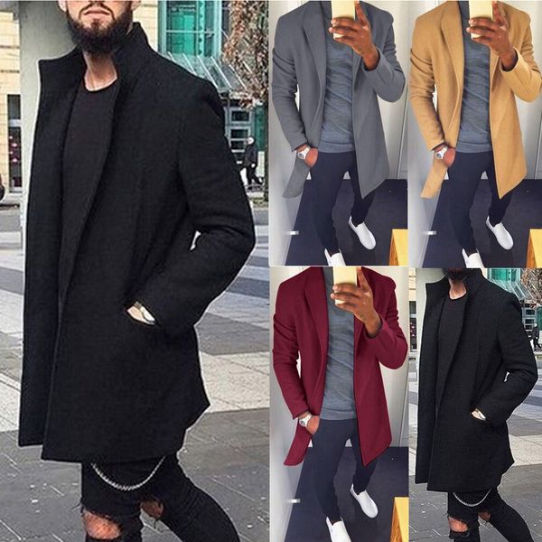 

fashion-autumn winter men casual coat thicken trench coat business male solid classic overcoat medium long jackets, Tan;black
