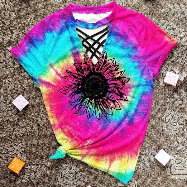 

tie-dye t-shirt women fashion sunmmer sunflowers printed short sleeves ropa coreana tee shirt femme korean clothes, White