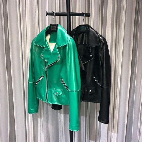 

solid coat spring women's jacket turn-down collar genuine leather clothing real sheepskin coats slim size motorcycle models, Black