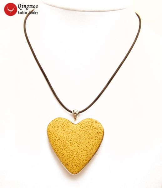 

pendant necklaces qingmos natural lava rock heart necklace for women with 48mm yellow jewelry choker 17'' leather cord, Silver