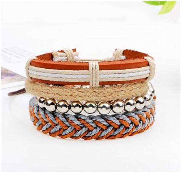 

4pcs/ set braided wrap leather bracelets for men women vintage wooden lava stone beads ethnic tribal wristbands bracele jllqkm, Golden;silver