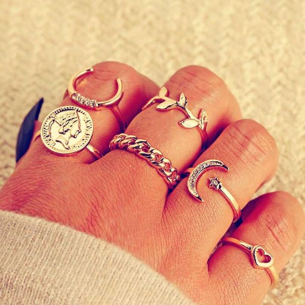 

vienkim мода винтаж золотой crescent star moon монета кольца палец для женщин boho лист сердце металлические кольцевые кольцевые изделия 202, Golden;silver