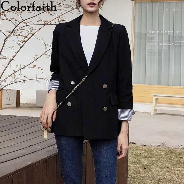 

colorfaith new 2020 spring autumn women's blazers casual pockets double breasted loose jackets striped notched wild jk12401, White;black