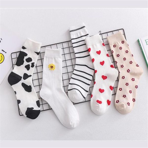 

socks & hosiery women cotton girl cartoon love heart stripes flower patterned streetear skateboard harajuku fashion ladies sokken, Black;white