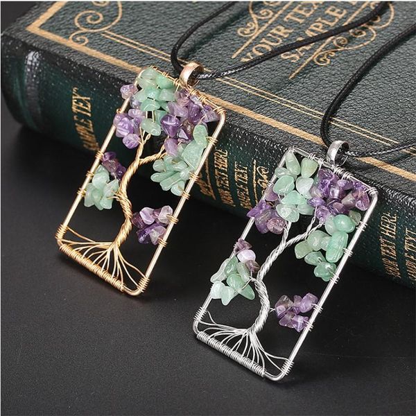 

new natural gravel rectangle winding life tree seven chakra stone crystal rich tree necklace, Silver