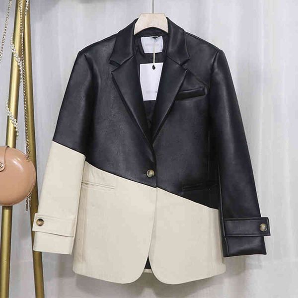 

women's suits & blazers twotwinstyle patchwork pu leather blazer coat lapel collar long sleeve loose hit color for female casual coats, White;black