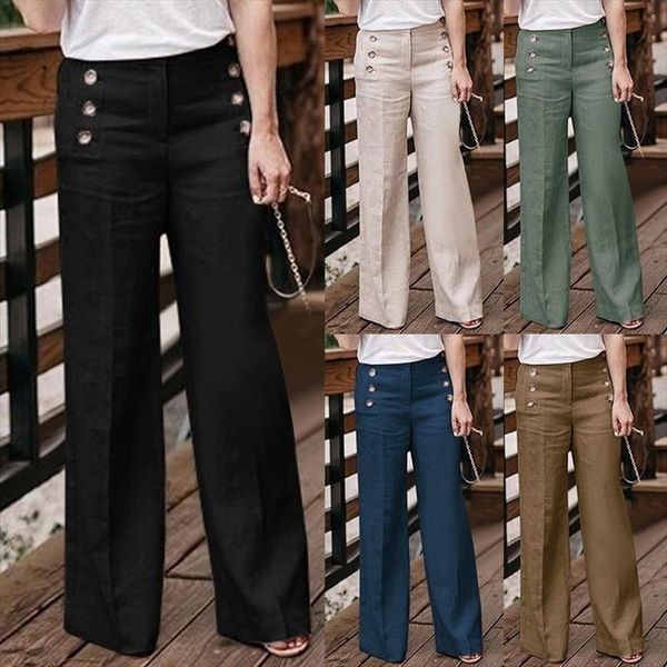 

2020 new autumn cotton linen wide leg trousers women casual loose high waist pants female loose solid button pants outerwear, Blue