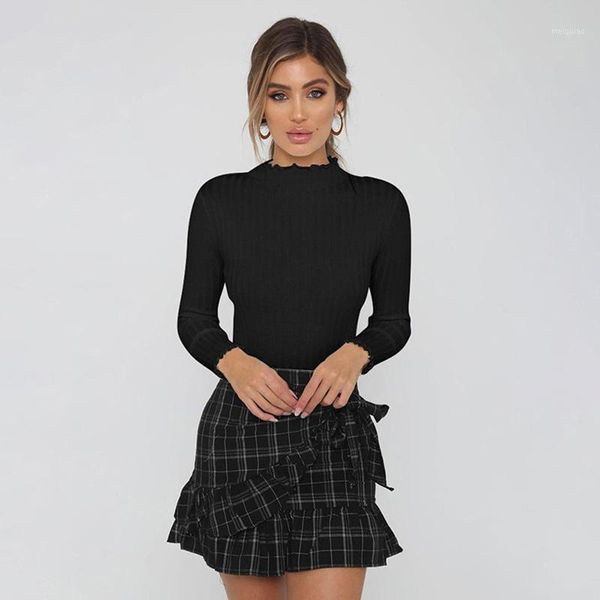 

female pitted t-shirt women's winter solid color long-sleeved ruffle collar half high collar slim bottom t shirts1, White