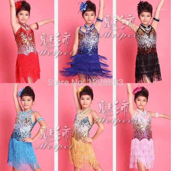 

new arrival girls kids fashion show dresses sequin franja roupa fringe dance costumes latina salsa clothes latin ballroom dress1, Black;red