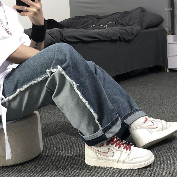 

vintage simple spliced brushed straight denim pants women men loose high waist wide leg jeans boyfriend slouchy trousers female1, Blue