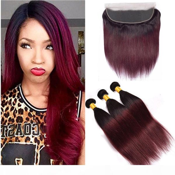 

brazilian unprocessed human hair 1b 99j burgundy 3 bundles with 13x4 lace frontal ear to ear straight hair 4 pieces lot 1b 99j, Black;brown
