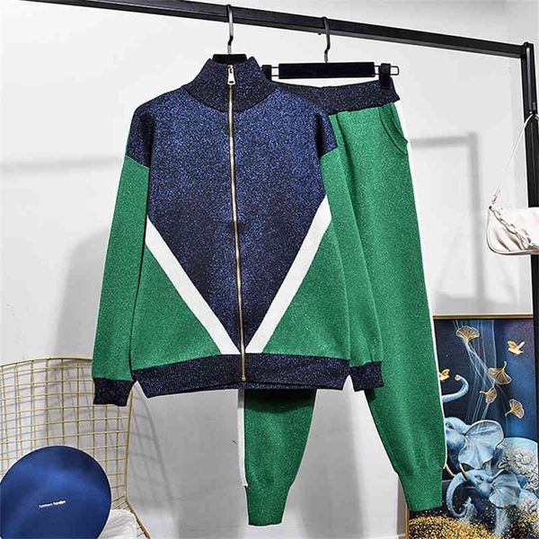 

women's two piece pants bright silk knitted tracksuits women set fashion cardigan sweater trousers outfits loose casual knitting suit f, White